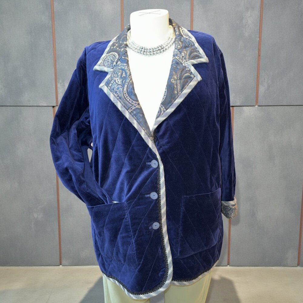 Koos Sz 1X Blue & Gray Solid Velvet/Velour & Paisley 3-Button Reversible Jacket